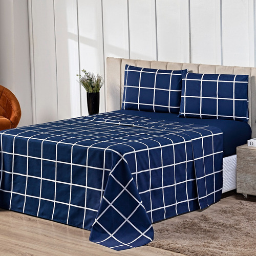 Jogo De Lençol Ternura Cama Box King 4 Peças Estampado Cor Azul Geométrico Desenho Do Tecido Geométrico