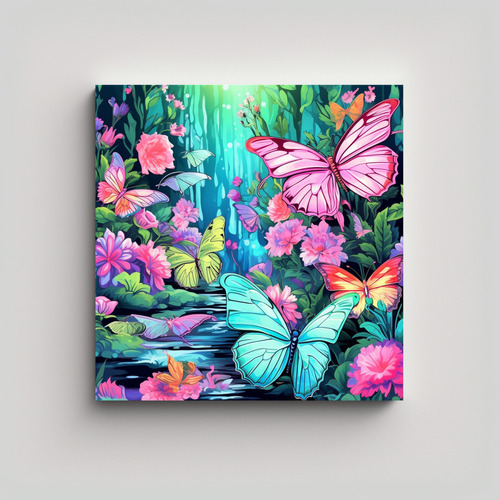 80x80cm Cuadros De Mariposas Azules, Rosas Y Verdes En Fondo