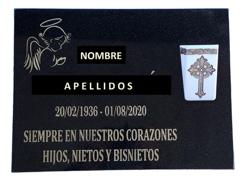 Placa Granito Negro Para Cementerio 40 X 30 Cm Con Florero