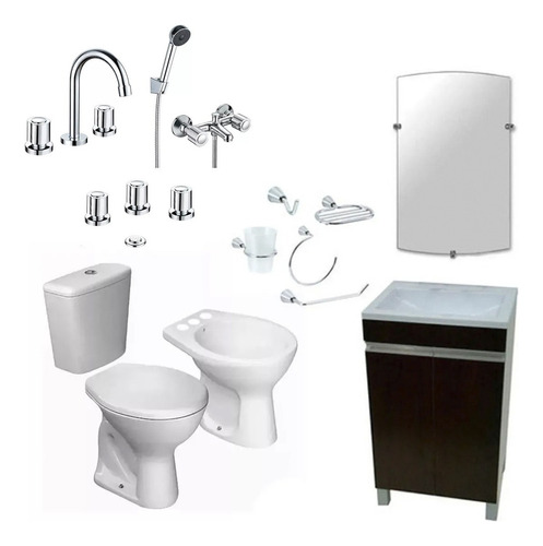 Combo Completo Baño Sanitarios Loza Brillante Griferias Accesorios 5 Piezas Mueble Vanitory Wengue Minimalista Espejo