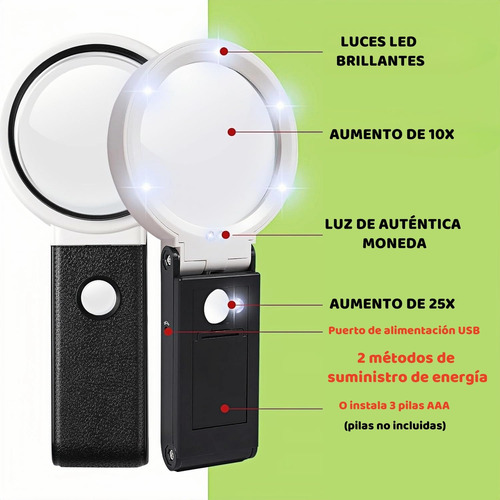 Lupa De Mano 10x 25x Con Luz Y Soporte, Lupa Plegable O