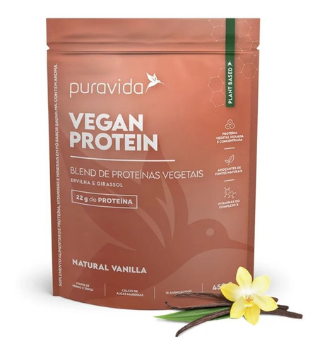 Vegan Protein Vanilla Proteína Vegetal Natural 450g Puravida