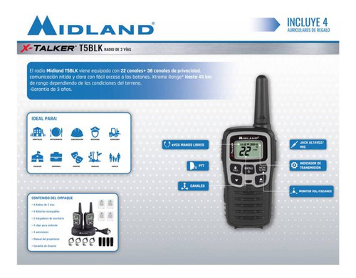 Set De Radios 2 Vías Midland T5blk 4 Pzas Msi