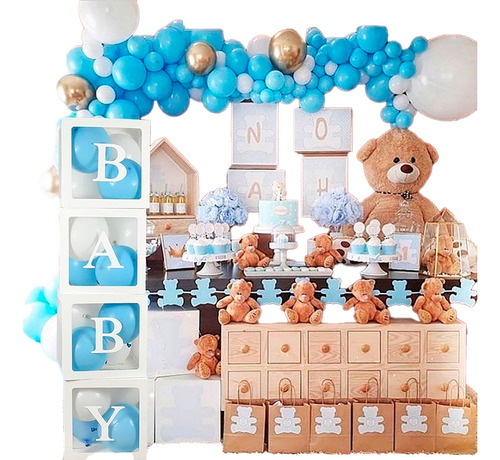 Arco De Globos Baby Shower Azul + 4 Cubos Mobiliario