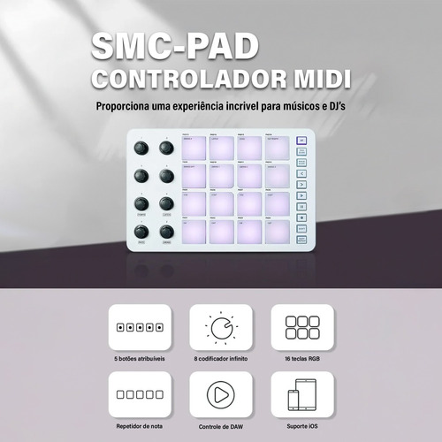 M-vave Smc-pad Interface Portátil Controlador Midi Sem Fio Branco