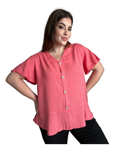 Imagen 1 de 5 de Blusa De Lino Con Botones Mujer Talle Grande