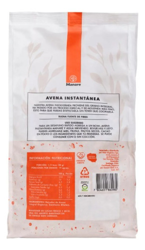 Avena Integral Instantánea Orgánica 750 G - Manare