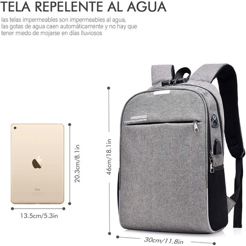 Imagen 5 de 8 de Mochila Gris Impermeable Y Antirrobo Con Conector Usb