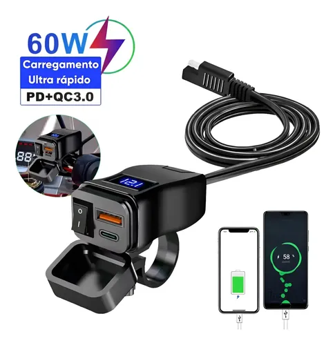 Carregador De Celular Para Moto Usb 3.0 Turbo Prova D'agua