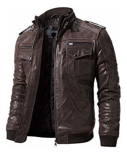 Sabor Hombres Biker Chaqueta De Moto De Cuero Marrón