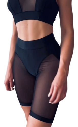 Pantaloes Cortos Con Malla Trasparente Yoga Correr Licra