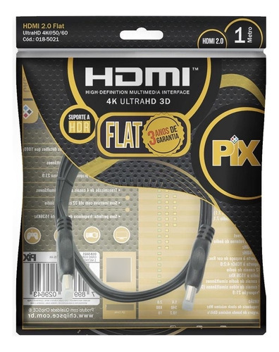 Cabo Hdmi Pix Flat 2.0 19 Pinos 4k 1m Polybag 018-5021