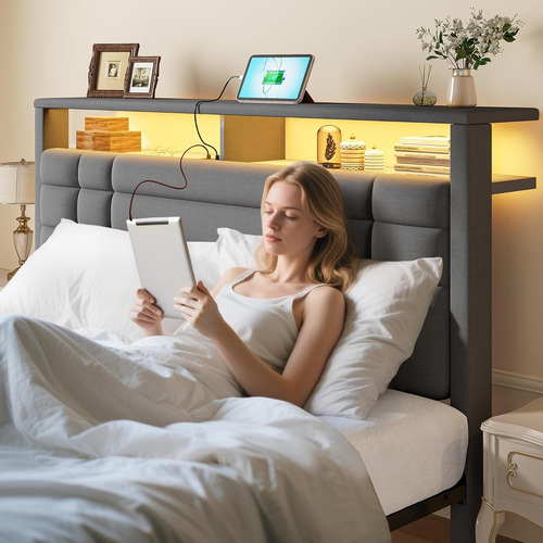 Base De Cama Matromial Con Estacion De Carga Y Luz Led Gris Gris