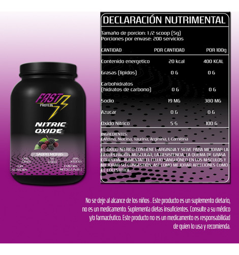Óxido Nítrico Fast Suplement 1kg 200 Serv Varios Pre Entreno Mora