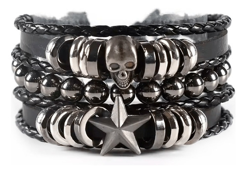 Pulsera Cuero Genuino Hombre Set 3 En 1 Calavera Brazalete