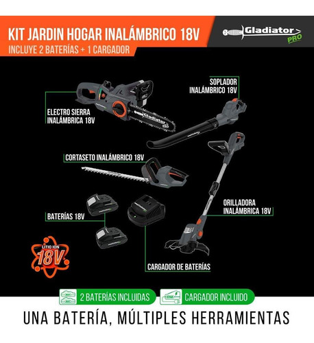 Kit Jardin Hogar Inalambrico 18v 2bat Gladiator