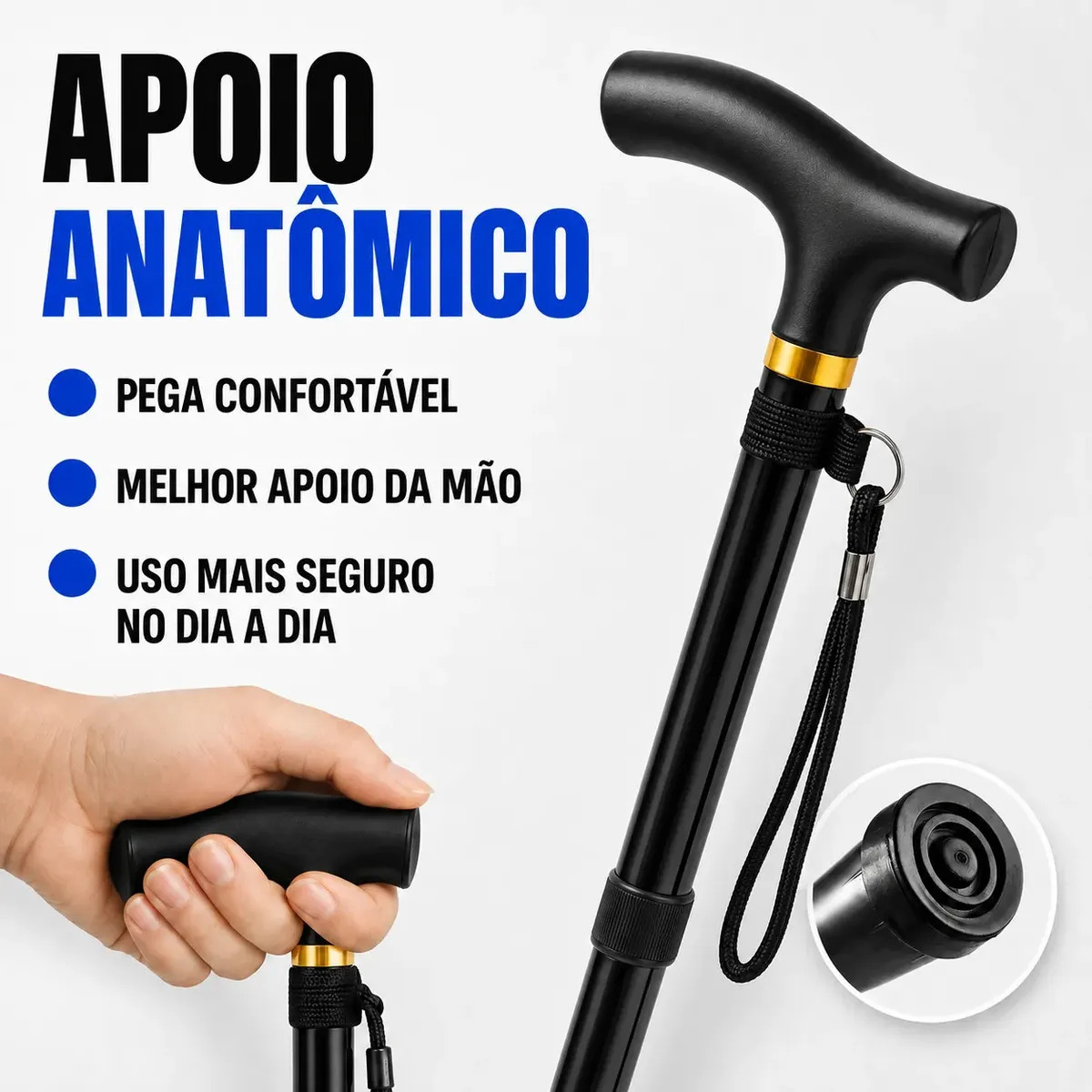 Bengala Dobrável Metal Com Regulagem Altura Idoso Adulto Preto