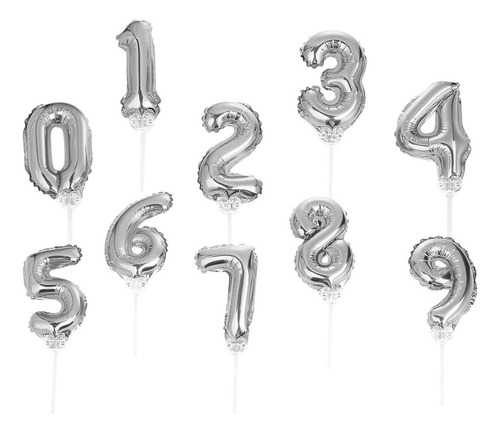 Set De Globos De Numero Autoinflables 15cm 0-9 10pzas Color Plateado Numeros Pastel