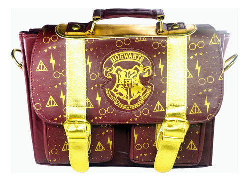 Bolsa Crossbody Harry Potter Hogwarts Acabado De Los Herrajes Oro Color Amarillo Correa De Hombro Rojo Diseño De La Tela Estampado