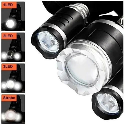 Imagen 6 de 10 de Linterna Vincha Minero Led Cabeza Bateria Recargable 3 Luces