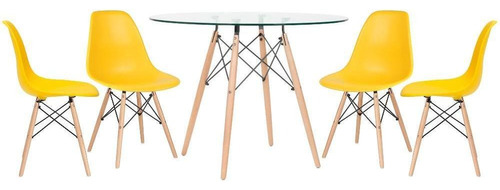 Kit Mesa Eames Wood 100 Cm Tampo Vidro 4 Cadeiras Eiffel Tampa Amarelo