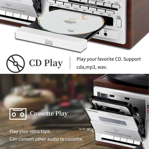 Tocadiscos 9 En 1 Bluetooth Vintage Cd Cassette Usb Sd Plata