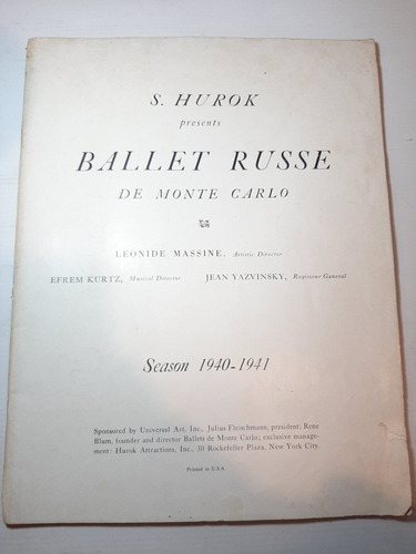 Antiguo Tributo Ballet Ruso 1940-1941 S. Hurok. Ro 1097