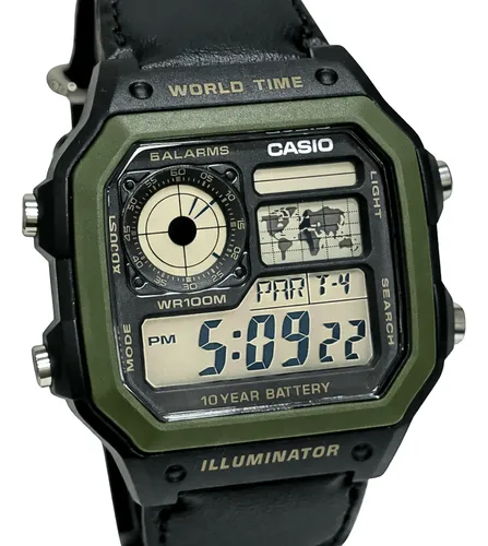 Relógio Masculino Casio Digital Ae-1200whb-1bvdf Original+nf Preto Verde