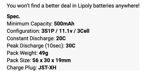 Bateria Lipo 500mah 3s 11.1v 20c Jst Rc Heli Avion Turnigy