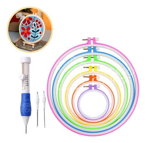 Kit Agulha Mágica Ponto Russo + Bastidores Colorido Bordado