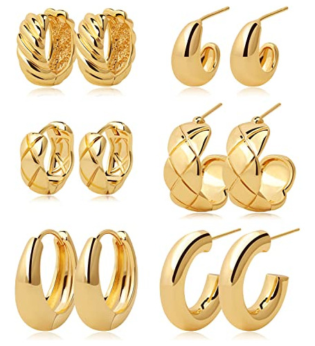 Set 6 Pares De Aretes De Aro Dorados Chapados En Oro De 14k