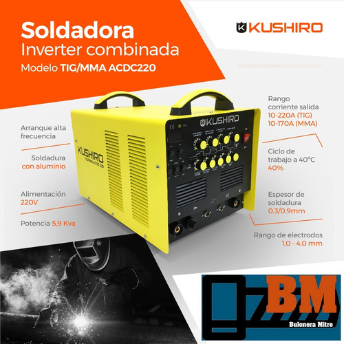 Soldadora Inverter Tig 220 Acdc Aluminio Electrodos Kushiro