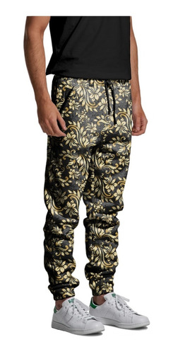 Calça Jogger Moletom Gold Ornamento Trap Rap Streetwear Flor