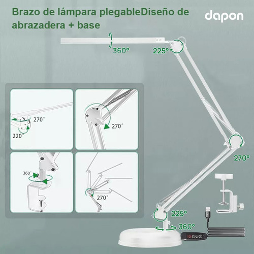 Dapon Lámpara De Escritorio Mesa Con Brazo Led 10 Modos 360° Oficina