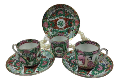 Antiguo Juego Cafe Porcelana Canton Famille Rose X 3 Duos