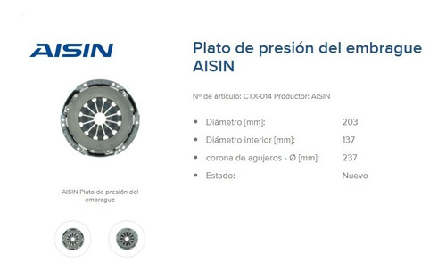 Imagen 1 de 2 de Plato Y Disco De Embragues Marca Aisim Original Kit Toyota