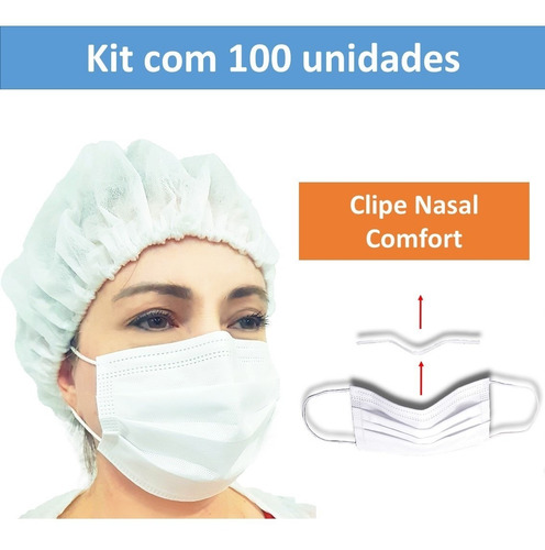 Máscara Descartável Proteção C/ Elástico Clipe Nasal 100 Un