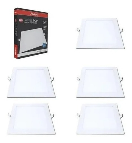 Kit 5 Painel Led 18w Embutir Quadrado 6500k Luz Branca Frio