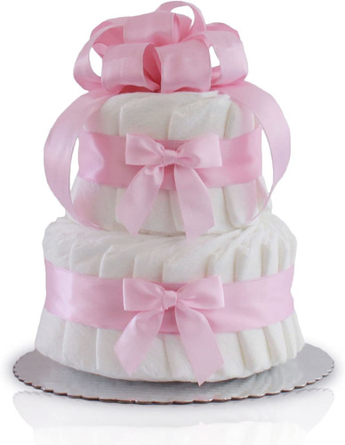 Classic Pastel Baby Shower Diaper Cake (2 Tier, Pink)