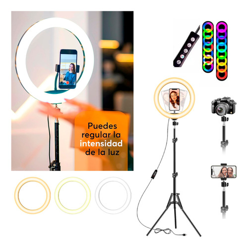 Aro De Luz Led Rgb 10 Con Trípode Abatible De 2m Y Soporte