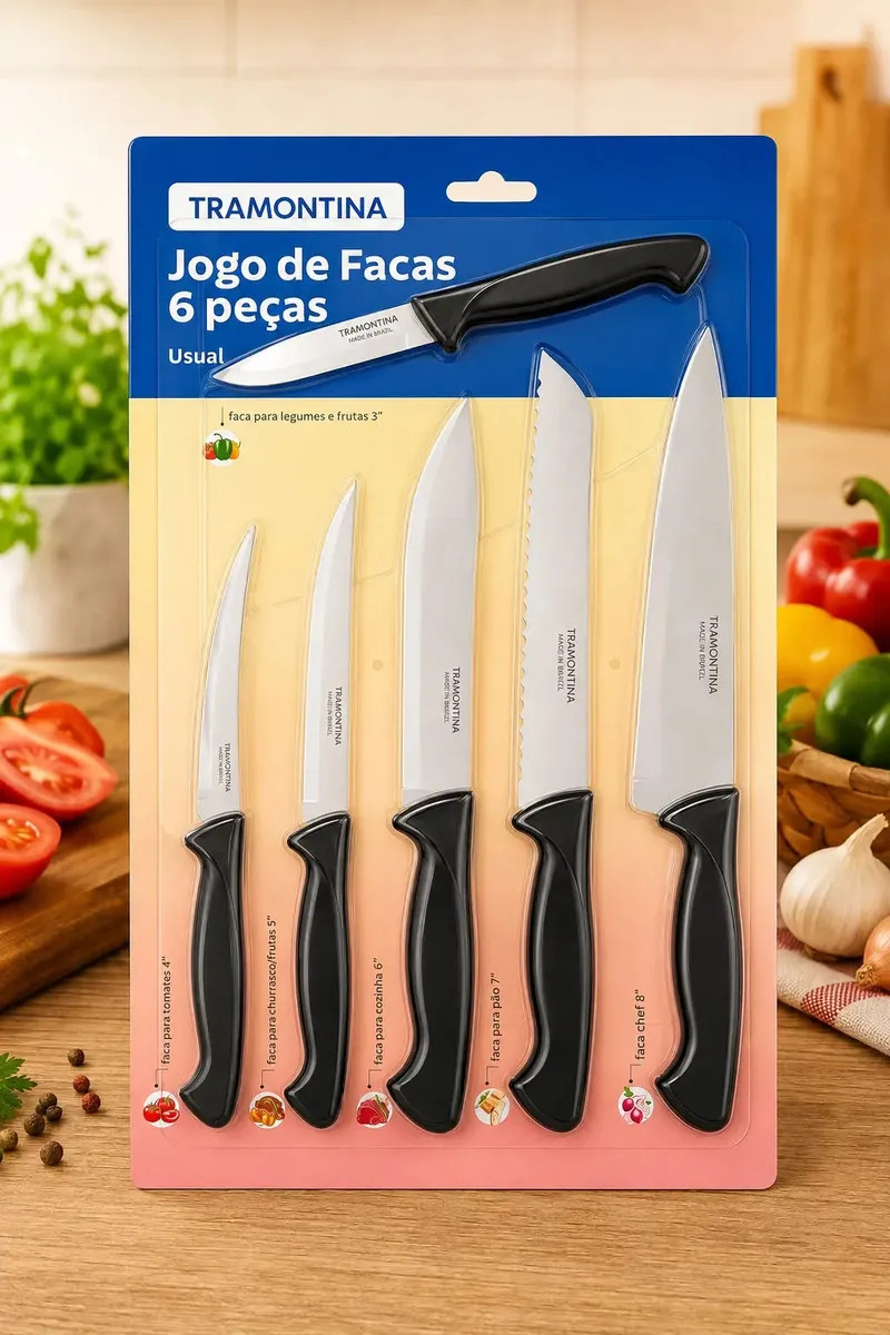 Jogo De Facas Tramontina 6 Peças Inox Usual Preto