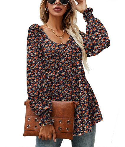 Mujer Burbuja Manga Impresión Cuello Túnica V Blusa Tops