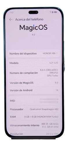 Celular Honor X8b Dual Sim 8+8gb Ram 512gb Liberado Azul Acero