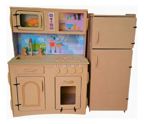 Cocinita Para Niños Con Sticker + Heladera Madera Fibrofacil Color Minichef Fibro