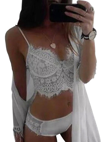 Ropa Interior Sexy 2pzs Encaje Top Braga Blanco Lingerie Env