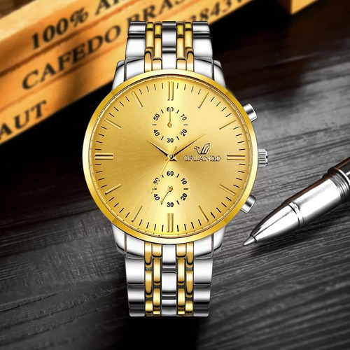Relógio Masculino Orlando Dourado Luxo Negócios Quartz