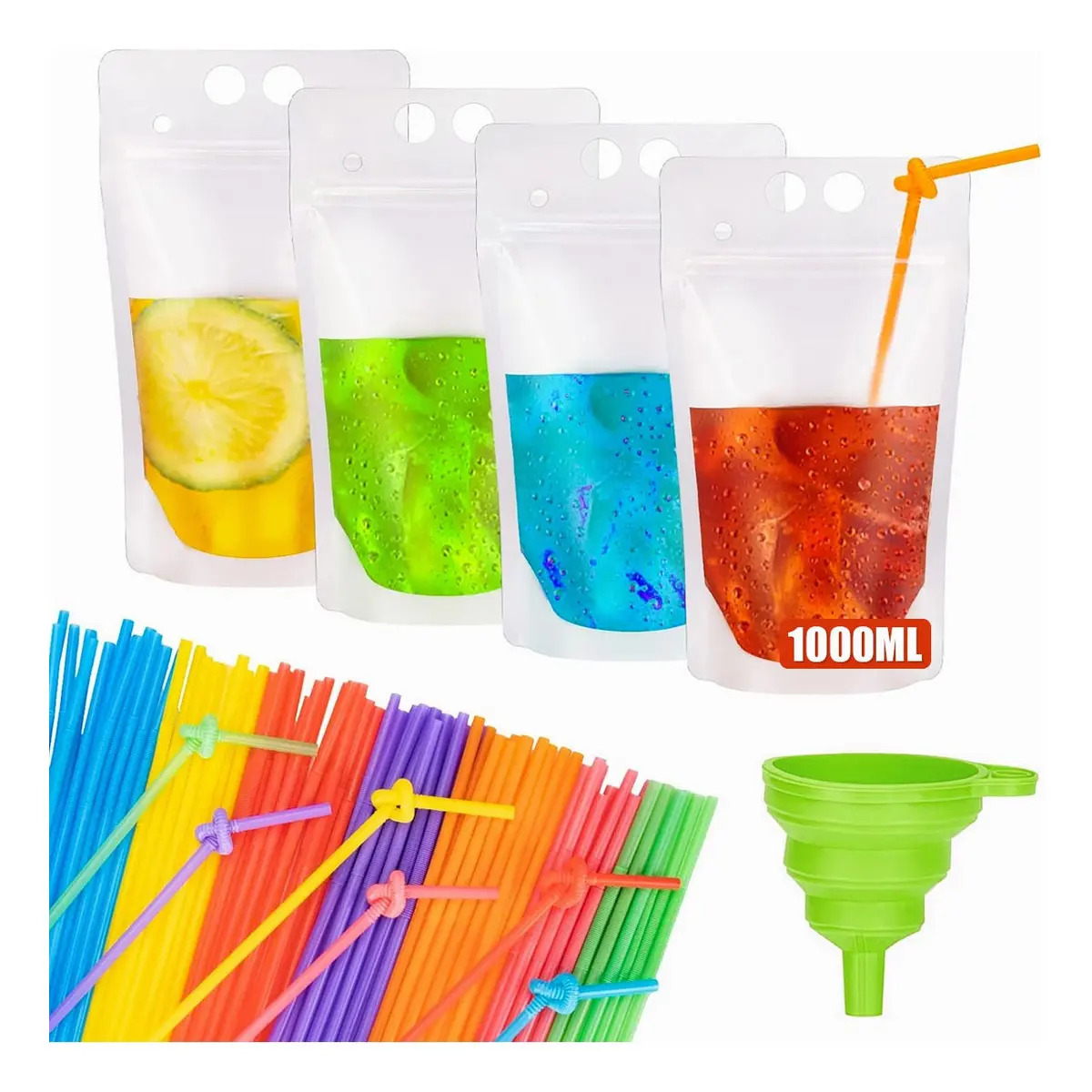 50pz Bolsa Bebida Reutilizables Portátil Con Pajitas 1000ml