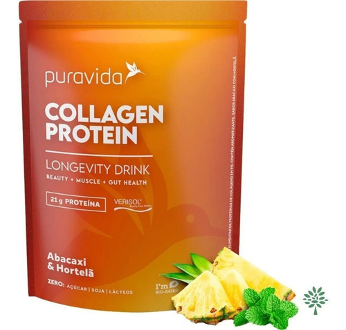 Suplemento Em Pó Pura Vida Premium Collagen Protein Abacaxi com Hortelã Colágeno Em Saco De 450g