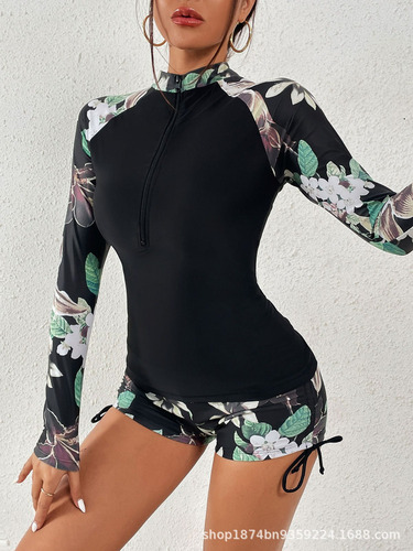 A Bañador De 2 Piezas Con Estampado Floral Manga Larga
