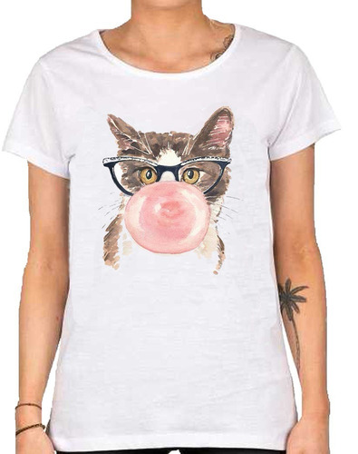 Remera De Mujer Gato Hipster Chicle Rosa Michi Bubblegum Cat